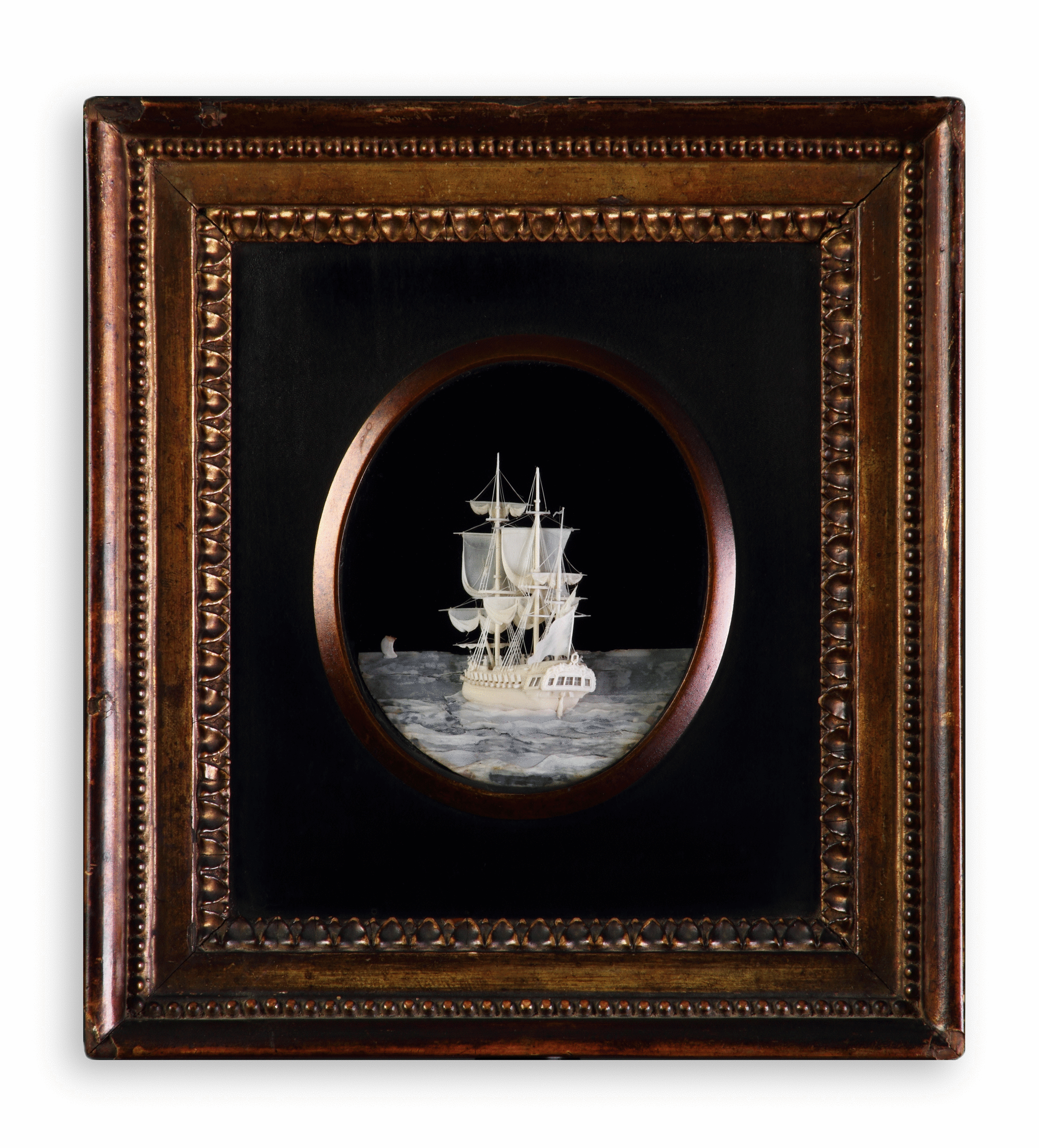 English Carved Ivory Micro Miniature of a Three Masted Frigate